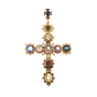 Antique Arts & Crafts 14K Rose Gold Multi Gemstone Cross