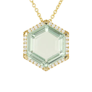Lisa Nik 18K Gold Hexagonal Green Quartz and Diamond Halo Pendant