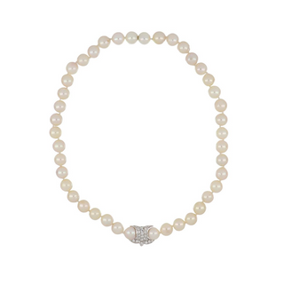 Estate 18K White Gold Akoya Single Strand with Diamond Enhancer Clasp