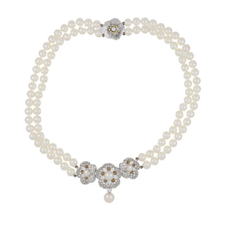 Mikimoto 18K White Gold Cultured Pearl Double Strand with Diamond