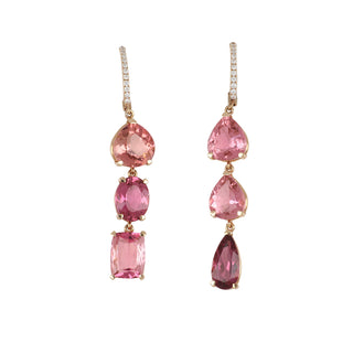 Lisa Nik 18K Rose Gold Pink Tourmaline Asymmetric Triple Drop Earrings with Diamonds