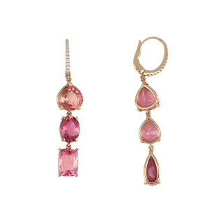 Lisa Nik 18K Rose Gold Pink Tourmaline Asymmetric Triple Drop Earrings with Diamonds