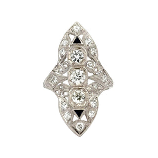 Art Deco Platinum Diamond Navette Ring with Sapphires