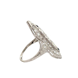 Art Deco Platinum Diamond Navette Ring with Sapphires