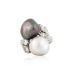 Estate David Webb Platinum South Sea Pearl Bypass Ring with Diamonds