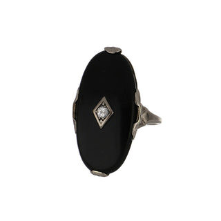 Art Deco 10K White Gold Onyx Solitaire Ring with Diamond