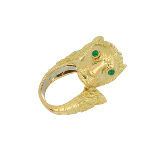 Vintage David Webb 18K Gold Lion Ring with Emerald Eyes