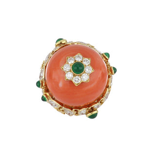 Vintage David Webb Coral Ring with Emeralds & Diamonds
