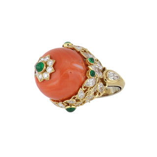 Vintage David Webb Coral Ring with Emeralds & Diamonds