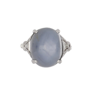 Art Deco Platinum Cabochon Star Sapphire Ring with Trillion Diamond Shoulders