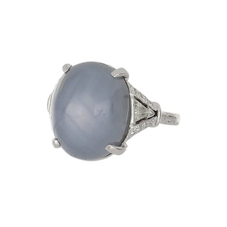 Art Deco Platinum Cabochon Star Sapphire Ring with Trillion Diamond Shoulders