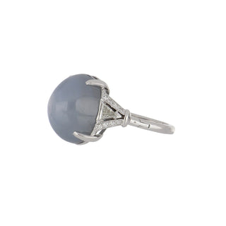 Art Deco Platinum Cabochon Star Sapphire Ring with Trillion Diamond Shoulders