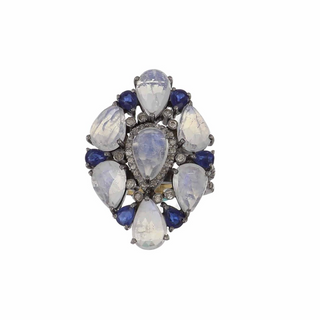 Maharaja Sterling Silver Moonstone Cluster Ring with Sapphires
