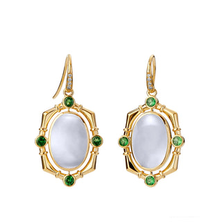 Syna 18K Gold Moon Quartz Drop Earrings with Tsavorites