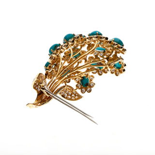 David Webb 18K Gold Turquoise Floral Bouquet Brooch with Diamonds