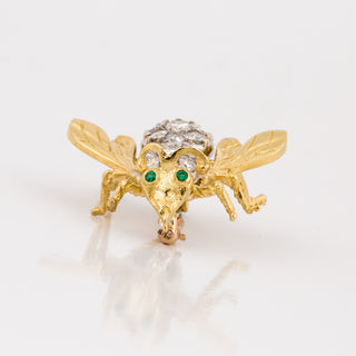 Estate 18K Gold Diamond Bee Pin with Emeralds