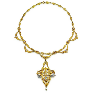 Antique Gold & Platinum Diamond Bib Necklace with Pearl