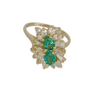 Vintage/Estate 18K Gold Emeralds Twin Stone Ring with Diamonds