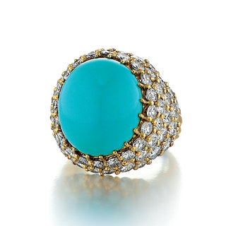 Vintage 1970s 18K Gold Turquoise & Diamond Dome Ring