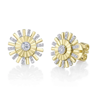 Shy Creation 14K Gold Ribbed Bezel-Set Diamond Earrings