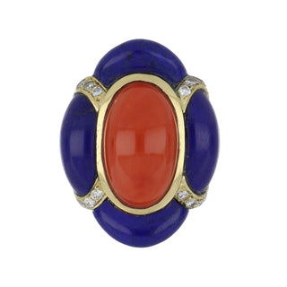 Mid-Century 18K Gold Coral & Lapis Life Raft Ring