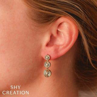 Shy Creation 14K Diamond Fluted Triple Disc Drop Earrings