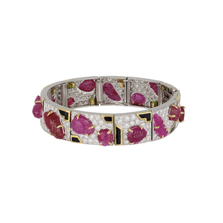 Vintage David Webb Two-Tone Carved Ruby, Diamond and Enamel Bracelet