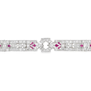 Art Deco Platinum Diamond & Calibre-Cut Ruby Filigree Link Bracelet