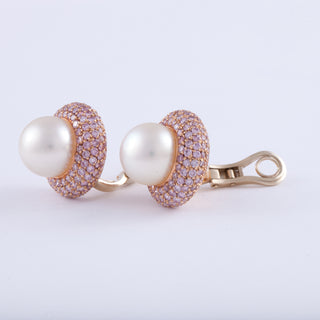 Estate 18K Rose Gold South Sea Pearl and Pink Diamond Button Earrings