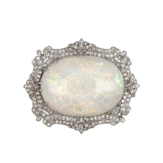 White 14K Gold Opal Pin with Diamonds