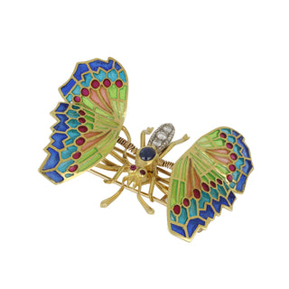 Vintage 1980s 18K Gold Gem Set Enamel En Tremblant Butterfly Brooch with Diamonds