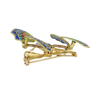 Vintage 1980s 18K Gold Gem Set Enamel En Tremblant Butterfly Brooch with Diamonds