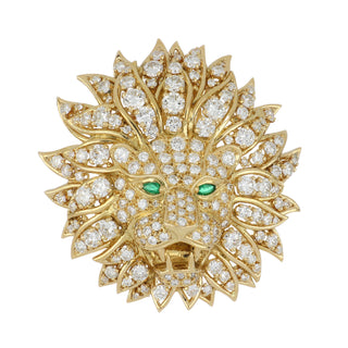 Vintage Van Cleef & Arpels 18K Gold Diamond Lion Brooch with Emeralds