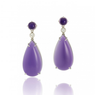 Estate French 18K White Gold Cabochon Amethyst Drop Earrings with Diamonds