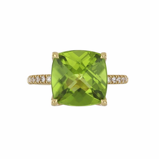 Lisa Nik 18K Gold Cushion Shaped Peridot Ring with Diamonds