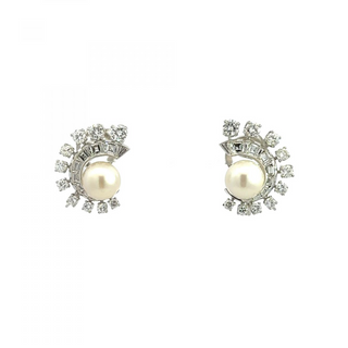 Retro Platinum Akoya Pearl and Diamond Swirl Earrings