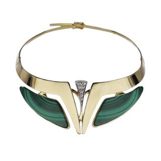 Vintage 1970s Neiman Marcus 18K Gold Malachite Collar Necklace with Diamonds