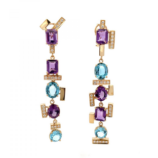 Estate 18K Gold Amethyst and Topaz Modernist Earrings with Diamonds