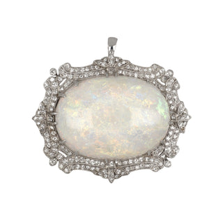 White 14K Gold Opal Pin with Diamonds