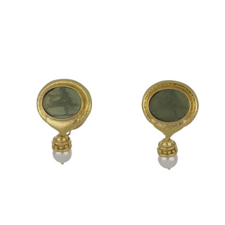Estate Elizabeth Locke 19K Gold Venetian Glass Intaglio Earrings with Pearl Drops