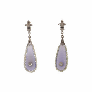 Edwardian Gold & Platinum Chalcedony Drop Earrings with Natural Pearl Frames