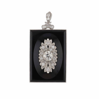 Art Deco Platinum Engraved Onyx Pendant with Old European-Cut Diamonds