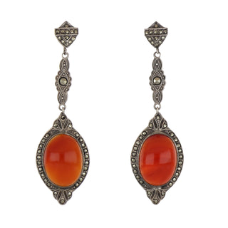 Art Deco Sterling Silver Carnelian and Marcasite Drop Earrings