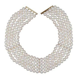 Vintage 1980s 18K Gold Akoya Pearl 5-Row Choker Necklace with Diamonds