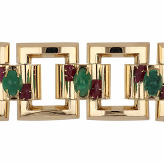 Retro 14K Gold Emerald Link Bracelet with Rubies
