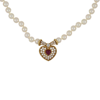 Vintage Fred-Paris 18K Gold Akoya Pearl Necklace with Ruby & Diamond Heart