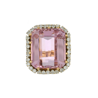 Mid-Century 14K Gold Kunzite Wirework Ring with Diamond Frame