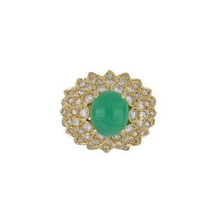 Vintage 1970s 18K Gold Cabochon Emerald Dome Ring with Diamonds