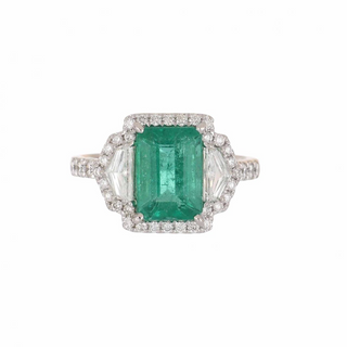 Estate 18K White Gold Emerald & Diamond 3 Stone Halo Ring