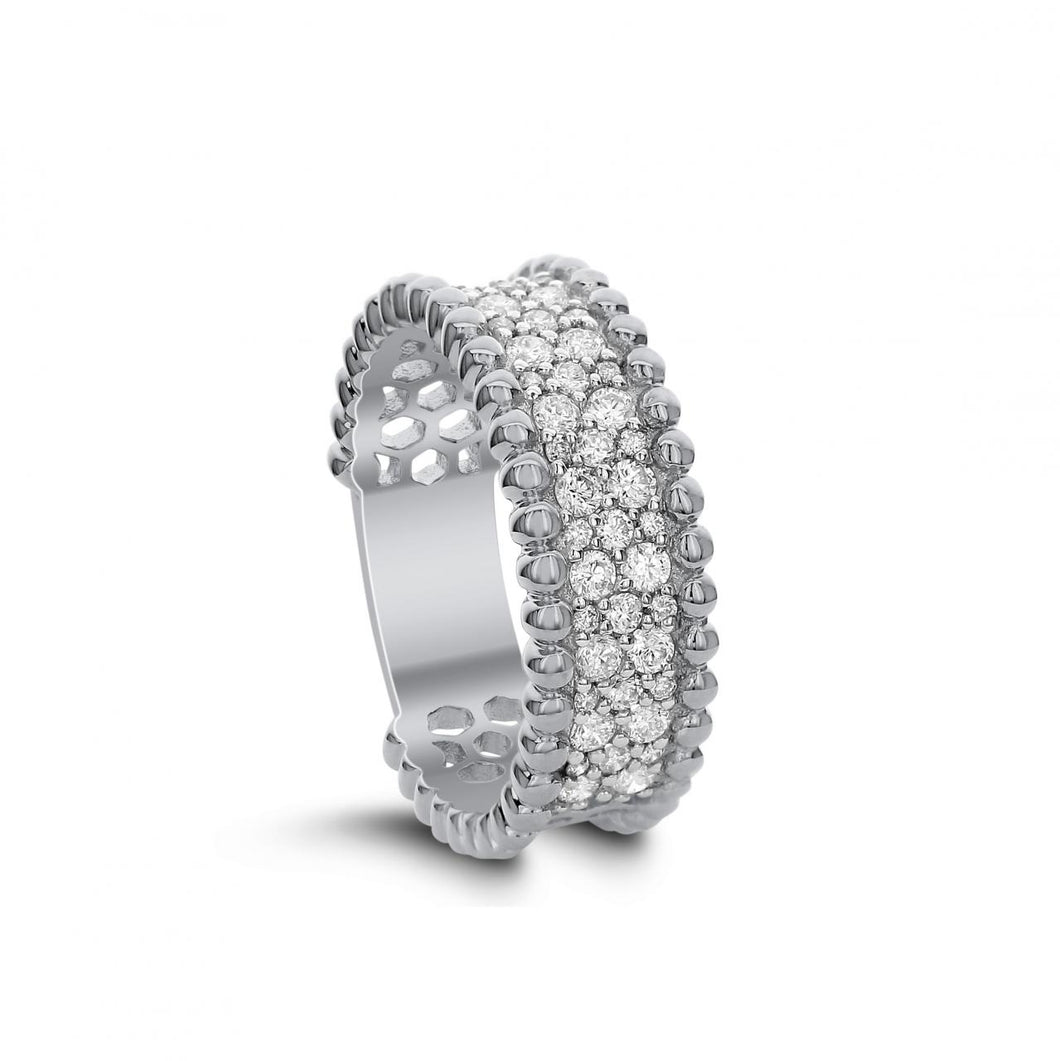 18K White Gold Pavé Diamond Wide Band with Beaded Edge